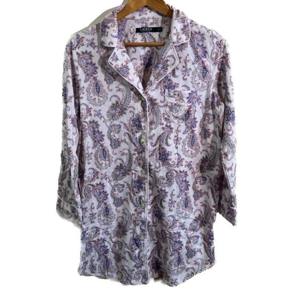 Lauren Ralph Size M Women’s Paisley Collared Button Up Nightshirt - Picture 4 of 11